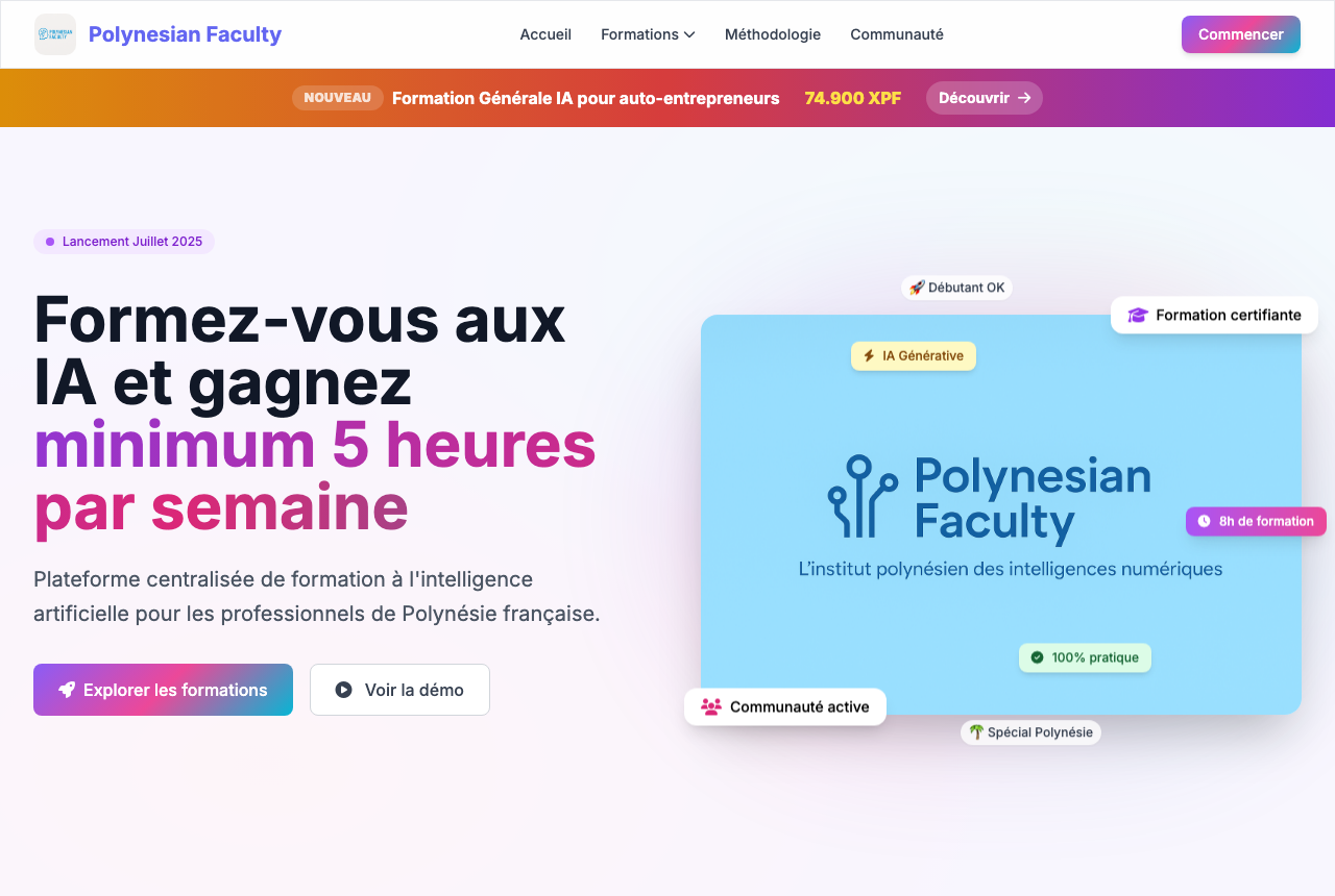 La page d'accueil de Polynesian Faculty, institut polynésien de formation aux intelligences numériques