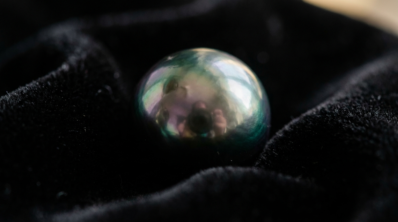 Macro d'une perle de Tahiti sur velours noir